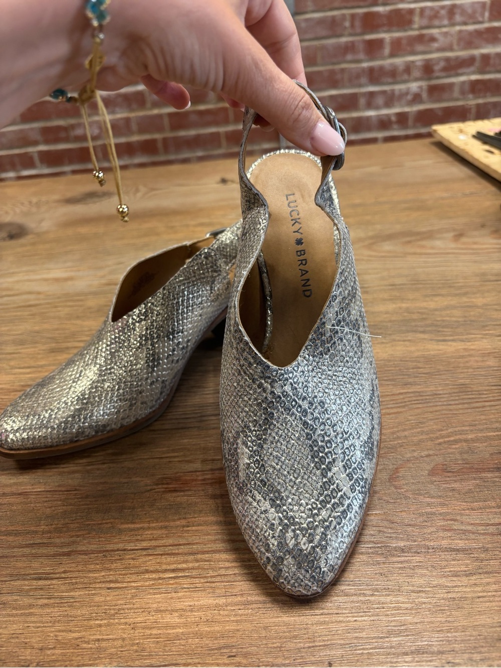 Lucky Brand Metallic Snake-Print Slingback Mules in Silver